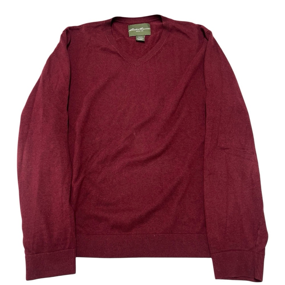 Eddie‎ Bauer Sweater Y2K VTG Men's 2XL Burgundy V Neck Cotton Cashmere Pullover